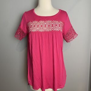 Cupio Pink Crochet-Trimmed Babydoll Top, Size M